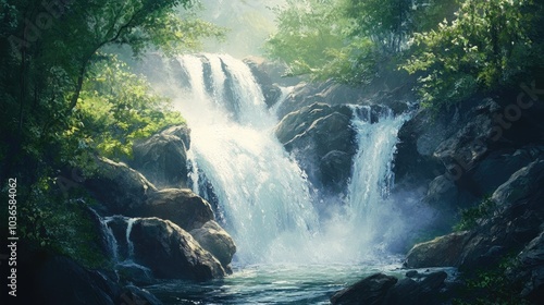 Oil painting of a stunning and majestic waterfall cascading over rocks surrounded by lush greenery depicting a serene natural landscape