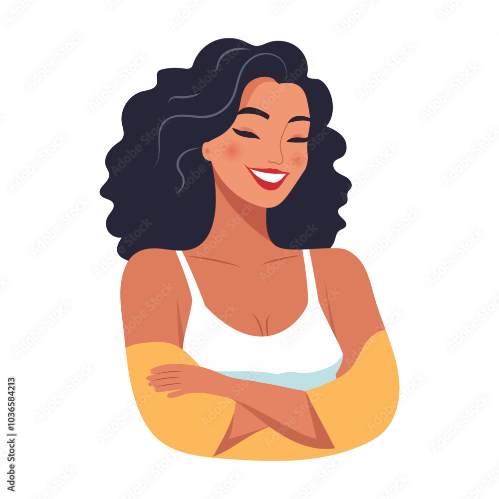 A young positive Asian woman isolated on a white background. Taking care of yourself, loving yourself, supporting yourself. A young positive Asian woman isolated on a white background. Taking care of yourself, loving yourself, supporting yourself.