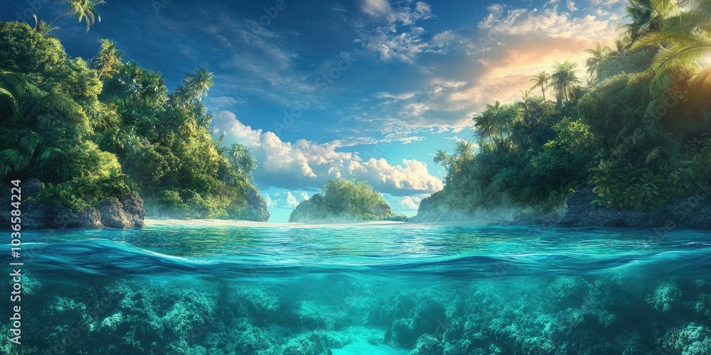 Stunning beach with clear waters and lush surroundings, Beautiful beach with crystal clear waters and vibrant greenery Stunning beach with clear waters and lush surroundings, Beautiful beach with crystal clear waters and vibrant greenery