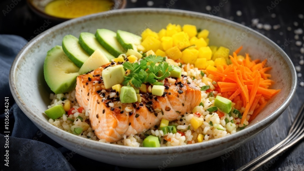 Rice with cauliflower, stacked pieces of grilled salmon, diced avocado, carrots and cucumber. Rice with cauliflower, stacked pieces of grilled salmon, diced avocado, carrots and cucumber.