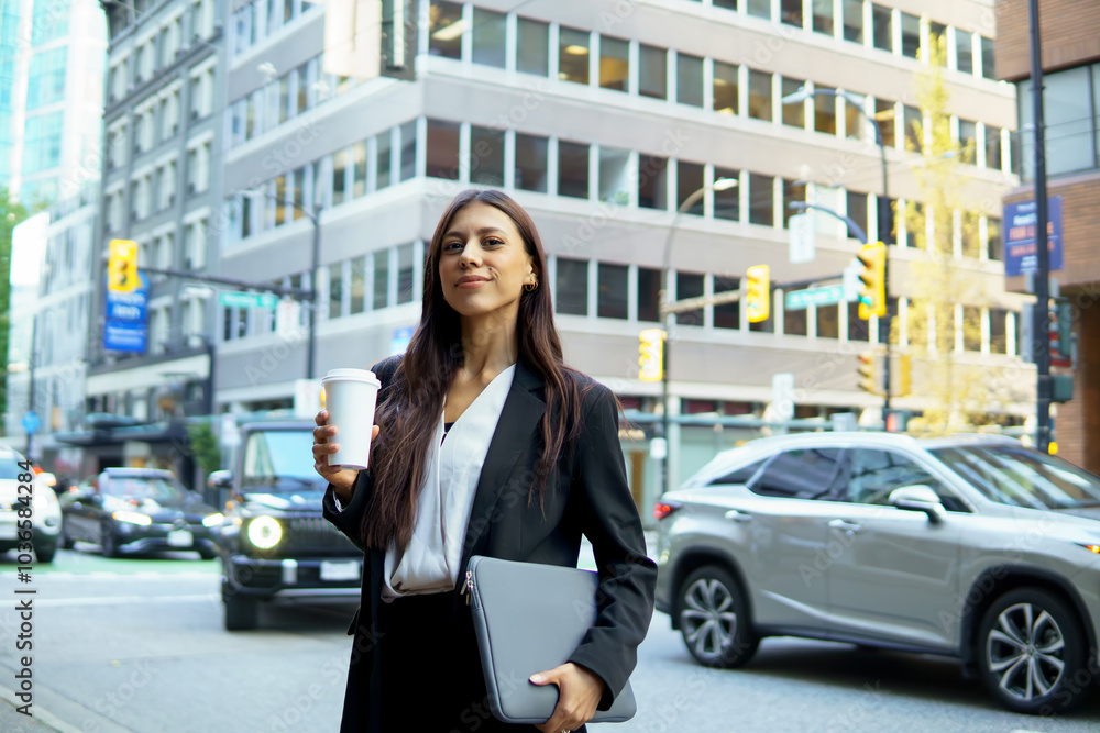 Fototapeta premium Beautiful hispanic businesswoman holding a coffee cup standing on busy city street surrounded by urban buildings
