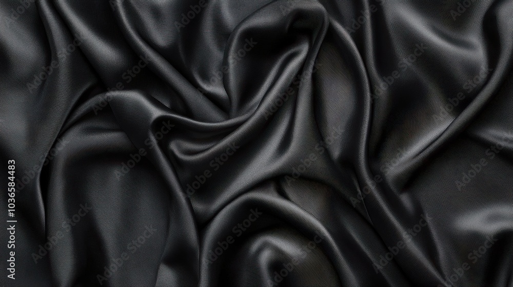 Close-Up of Black Silk Fabric: Smooth, Glossy Folds with Luxurious Texture and Elegant Drapery Close-Up of Black Silk Fabric: Smooth, Glossy Folds with Luxurious Texture and Elegant Drapery