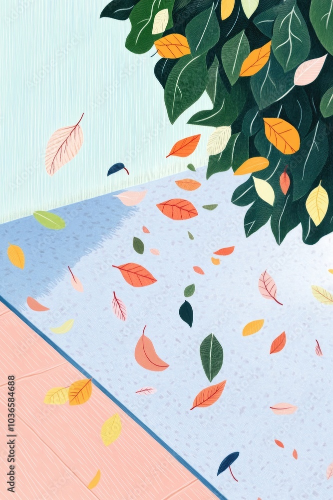 Coloring page of autumn leaves scattered on a lawn and road with a curb partially visible beneath a thick layer of leaves Coloring page of autumn leaves scattered on a lawn and road with a curb partially visible beneath a thick layer of leaves