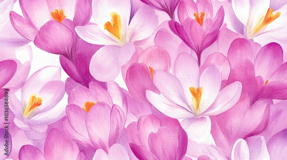 Fototapeta premium Seamless pattern of pink crocuses hand painted watercolor illustration