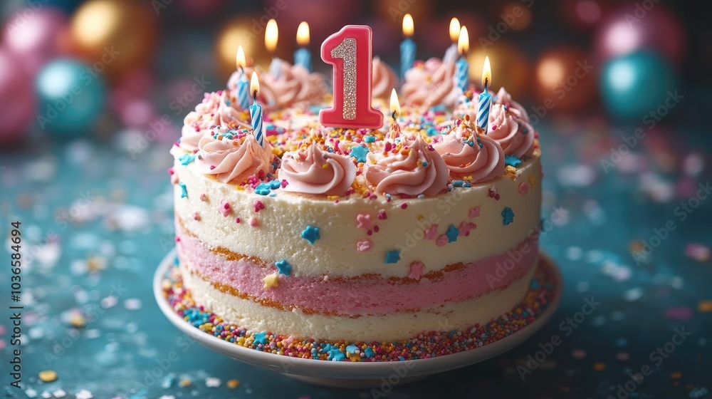 Birthday cake close-up with cream swirls and cherries, surrounded by party hats and balloons Birthday cake close-up with cream swirls and cherries, surrounded by party hats and balloons