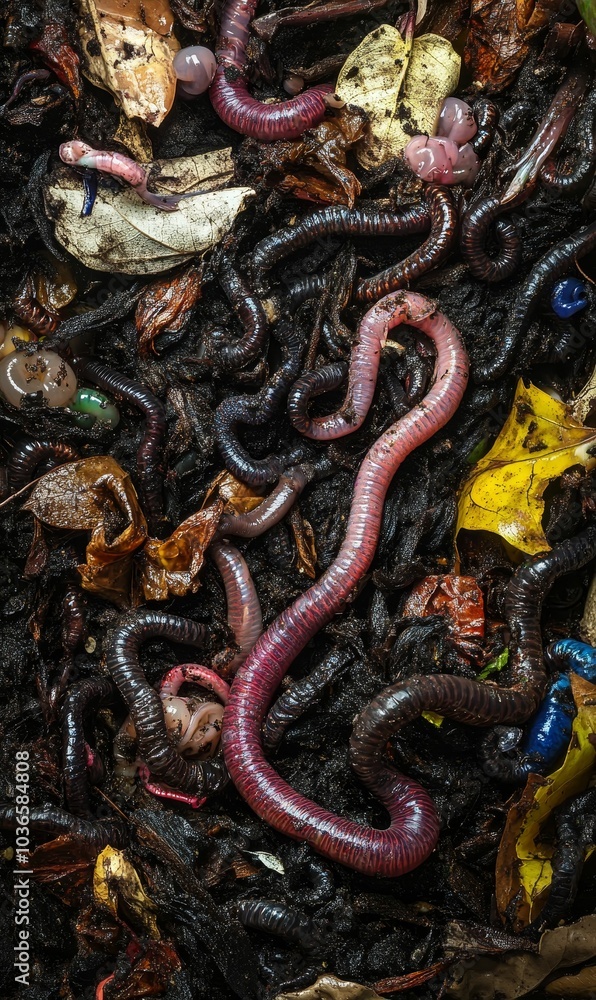 Obraz premium Worms and leaves in dark soil.
