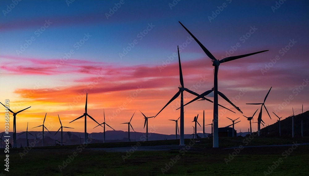 A wind farm at dusk, with turbines silhouetted against a vibrant, colorful sky.
