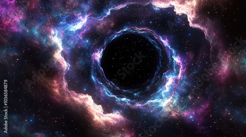 Fototapeta Naklejka Na Ścianę i Meble -  3D cartoon depiction of a black hole surrounded by colorful stars and cloud fields with materials falling into it Abstract space wallpaper featuring a nebula
