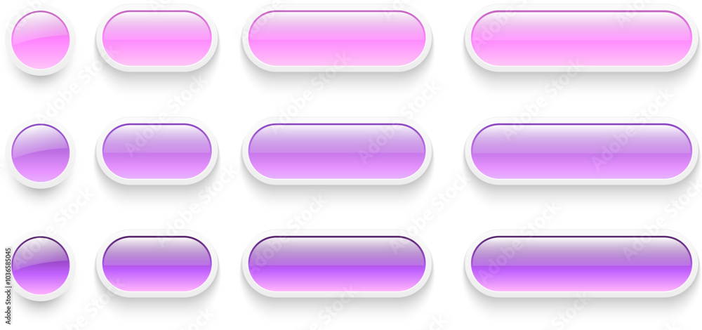 Buttons set for user interface, simple white purple 3D modern buttons design for mobile, web, social media, business. Buttons set for user interface, simple white purple 3D modern buttons design for mobile, web, social media, business.