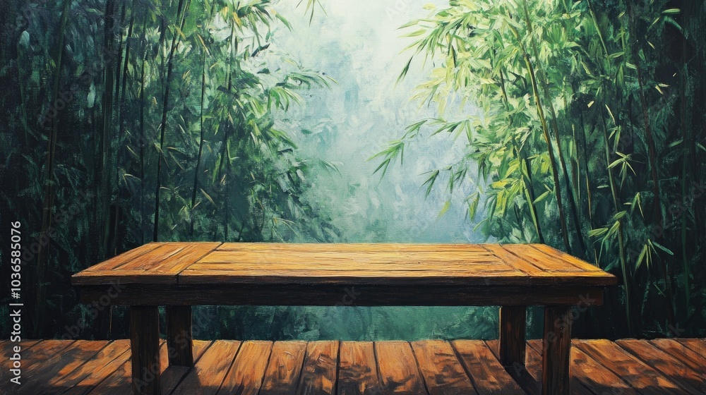 Oil painting depicting a wooden table set against a bamboo backdrop Oil painting depicting a wooden table set against a bamboo backdrop