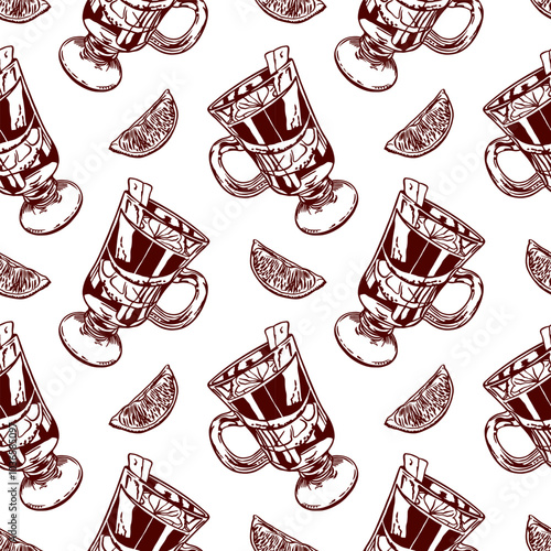 Mulled wine and lemon slice, seamless pattern. Vector illustration in graphic style. For wrapping paper, textile, fabric, covers, craft packaging.