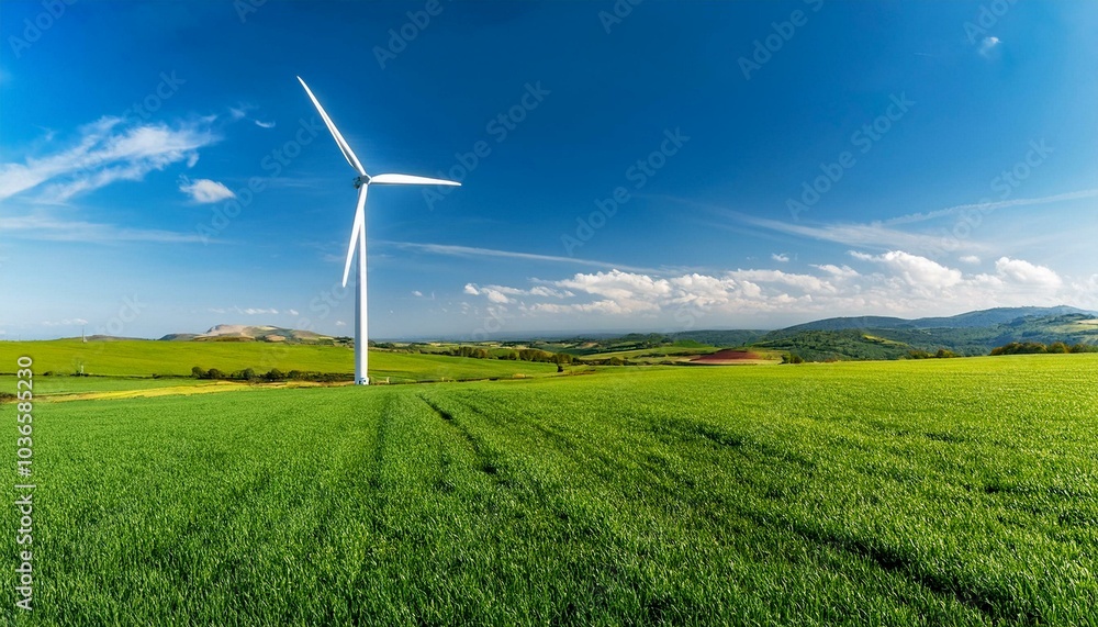 A wind turbine spinning in a vast green field under a bright blue sky, symbolizing renewable energy. A wind turbine spinning in a vast green field under a bright blue sky, symbolizing renewable energy.