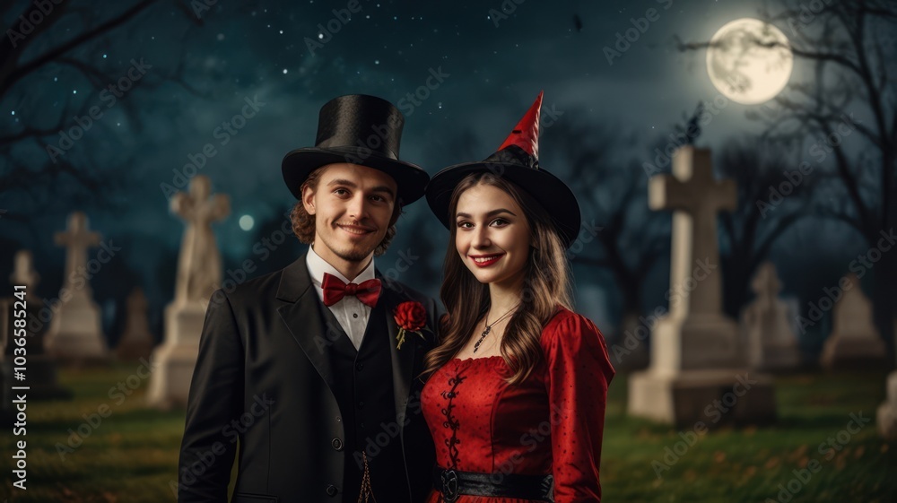 Obraz premium A couple dressed in Halloween costumes stand in front of a cemetery at night, with a full moon in the background.