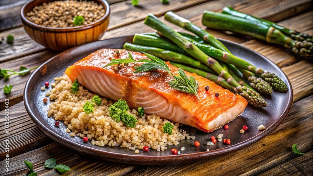Savory salmon, roasted asparagus, and fluffed quinoa create a flavorful and balanced meal. Savory salmon, roasted asparagus, and fluffed quinoa create a flavorful and balanced meal.