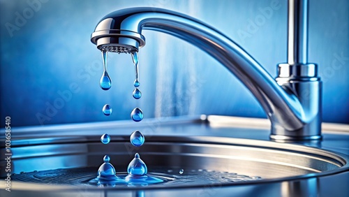 Periwinkle blue droplets falling from a leaky faucet in a modern kitchen sink, bathroom, contemporary, modern decor