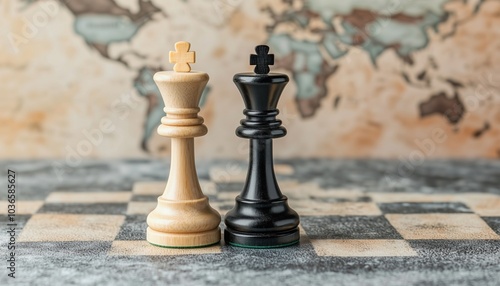 A close-up of a black and white chess king on a textured board, symbolizing strategy and competition in a global context.