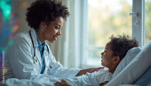 Caring Female Doctor Comforting Young Patient in Hospital Bed