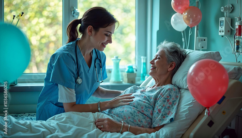 Caring Nurse Attending to Elderly Patient in Hospital Room with Balloons