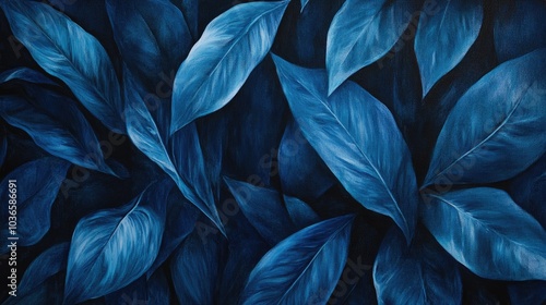 Abstract oil painting of dark blue leaves featuring a nature inspired background with rainforest plants and a stylized tone effect photo