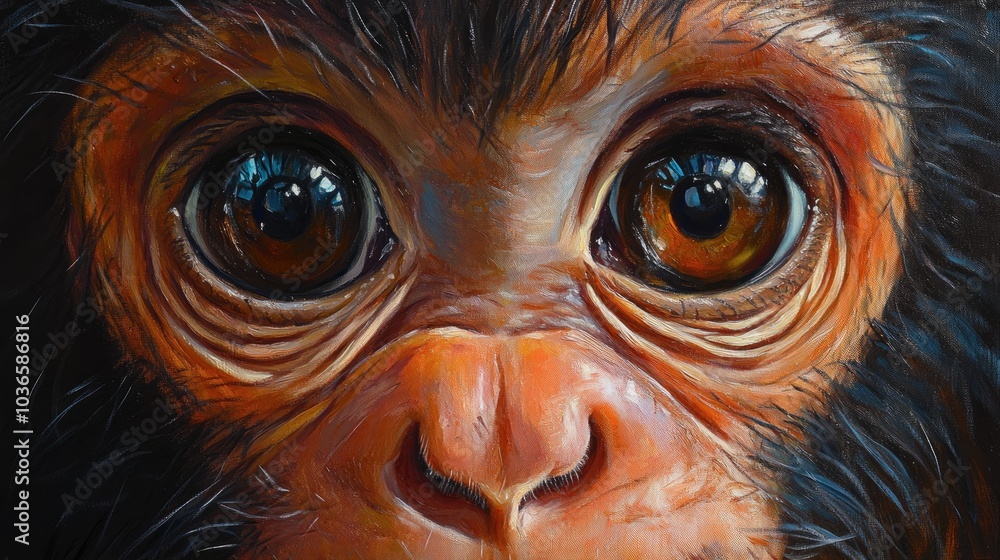 Oil painting featuring a close up of a young monkey s face capturing its expressive features and lively appearance Oil painting featuring a close up of a young monkey s face capturing its expressive features and lively appearance
