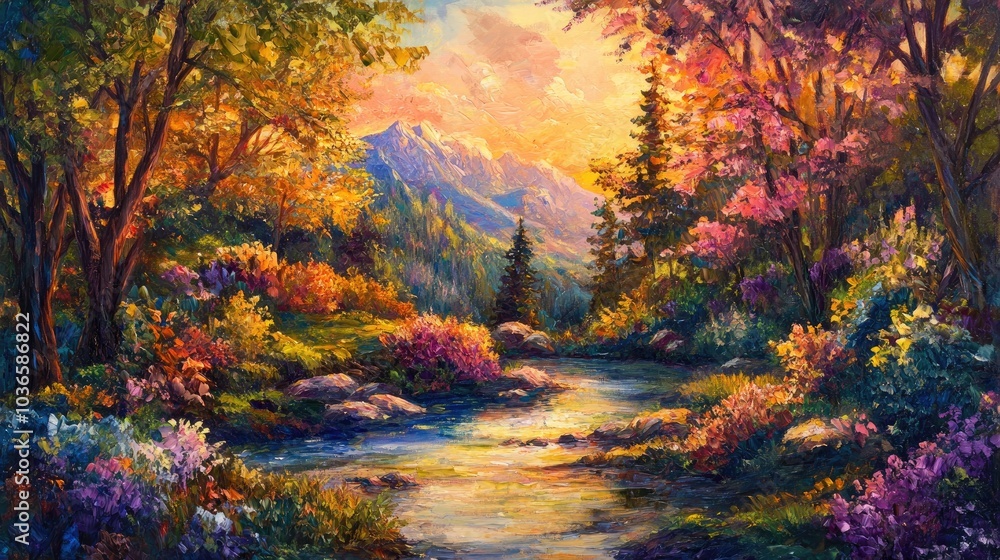 Oil painting showcasing stunning natural scenery with vibrant colors and intricate details Oil painting showcasing stunning natural scenery with vibrant colors and intricate details