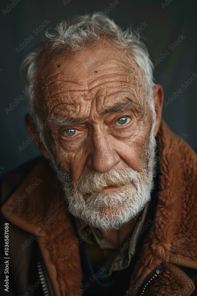 Portrait of a Thoughtful Elderly Man with Deep Blue Eyes and a Weathered Face, Capturing Wisdom and Experience in a Studio Setting Portrait of a Thoughtful Elderly Man with Deep Blue Eyes and a Weathered Face, Capturing Wisdom and Experience in a Studio Setting