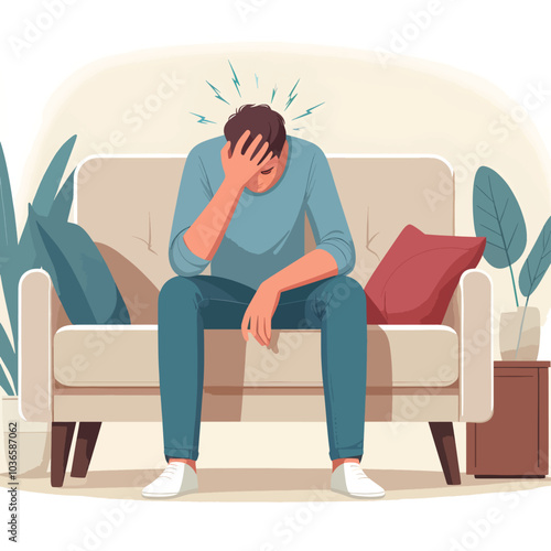 A man is sitting on a couch with his head in his hands
