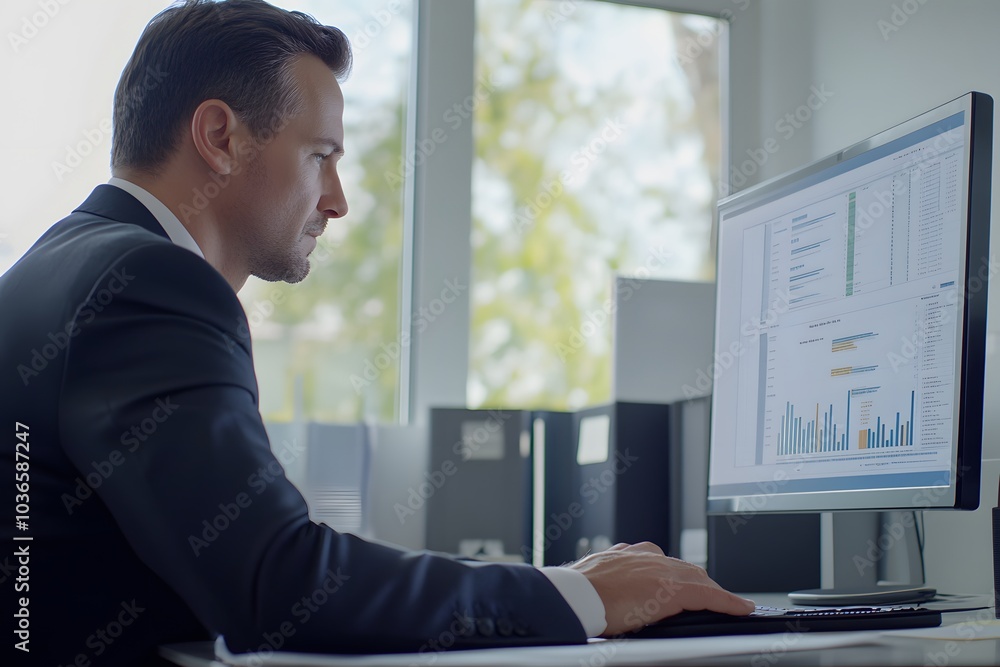 Businessman Analyzing Data Charts on Computer Monitor Businessman Analyzing Data Charts on Computer Monitor