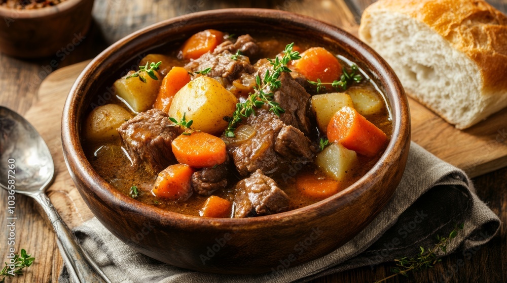 A hearty beef stew with carrots, potatoes, and herbs A hearty beef stew with carrots, potatoes, and herbs