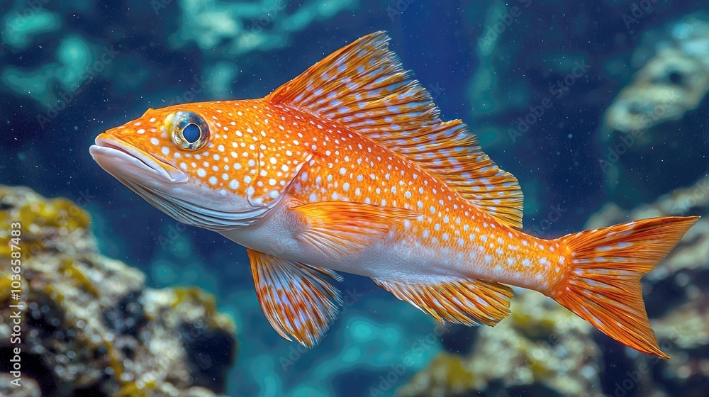 An orange and white fish with white spots swims in blue water. An orange and white fish with white spots swims in blue water.