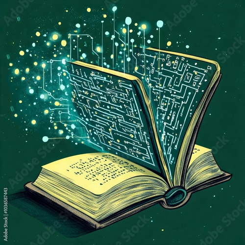 An open book with glowing circuit board patterns on its pages. photo