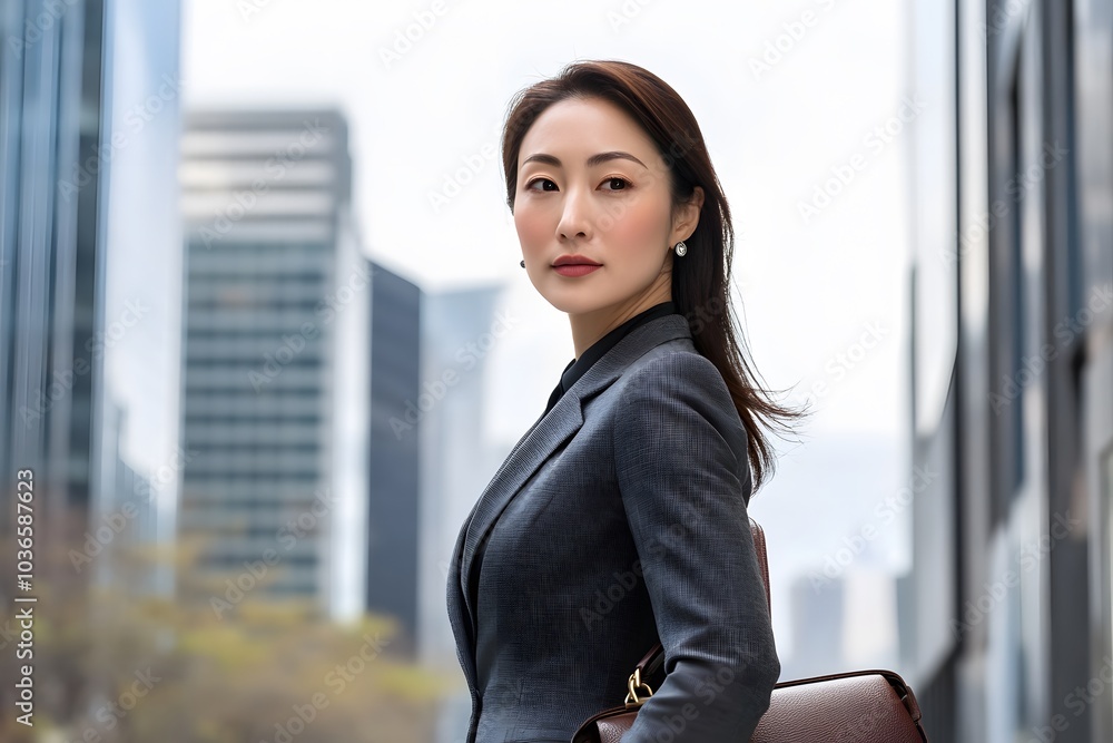 Confident Businesswoman in a Suit Standing in Front of Modern Buildings Confident Businesswoman in a Suit Standing in Front of Modern Buildings