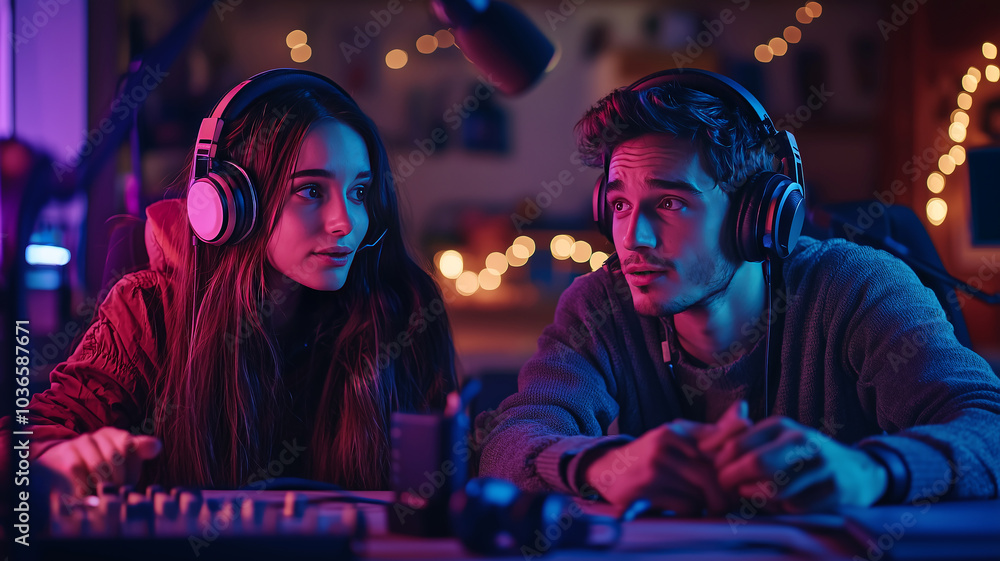 Two young podcasters are wearing headphones, engaged in conversation while recording in a dimly lit room with colorful lighting and bokeh effects, creating a focused yet relaxed atmosphere.