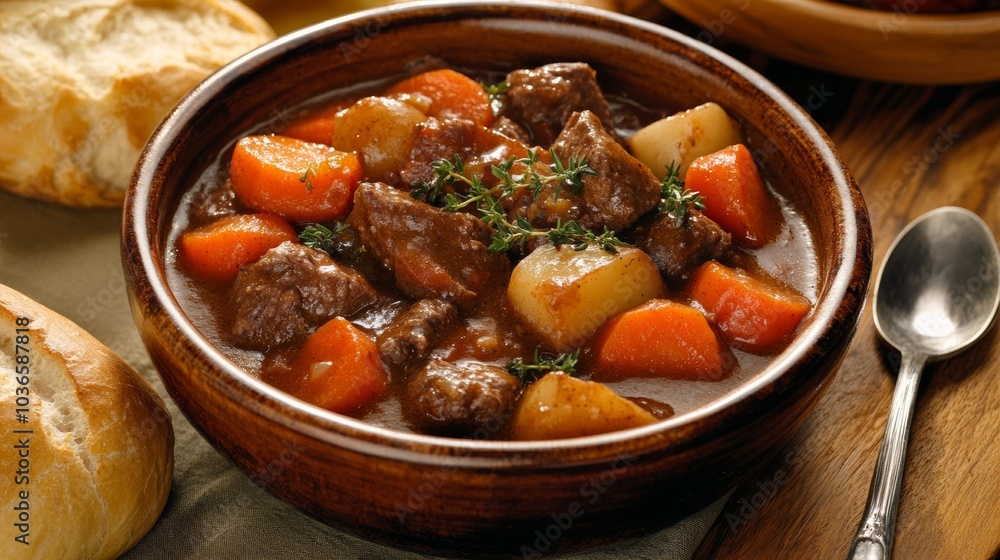 A hearty beef stew with carrots, potatoes, and herbs A hearty beef stew with carrots, potatoes, and herbs
