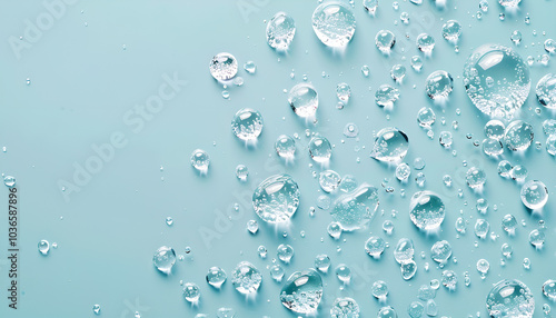 Water drops on blue background, top view