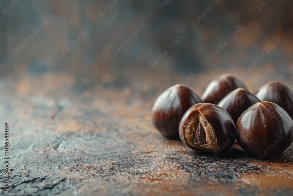 Obraz premium Close-up view of freshly arranged chestnuts on textured surface with natural lighting