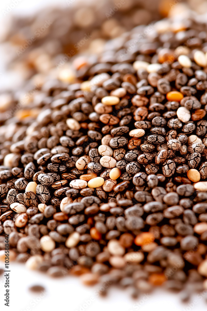 A vibrant collection of chia seeds lies scattered, revealing a mix of earthy tones and intricate patterns, highlighting their rich textures and nutritional benefits A vibrant collection of chia seeds lies scattered, revealing a mix of earthy tones and intricate patterns, highlighting their rich textures and nutritional benefits