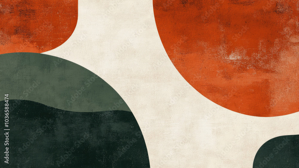 Bold abstract geometric design with textured red and green organic shapes Bold abstract geometric design with textured red and green organic shapes