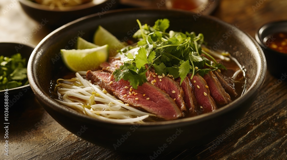 A hearty bowl of beef pho with rice noodles, thinly sliced beef, bean sprouts A hearty bowl of beef pho with rice noodles, thinly sliced beef, bean sprouts
