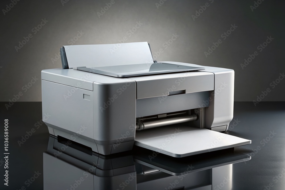 Isolated printer on gray background, modern office equipment. Isolated printer on gray background, modern office equipment.