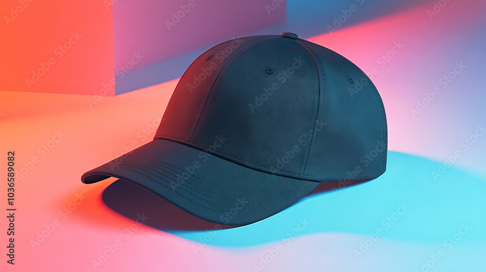 A baseball cap with a flat brim positioned on a studio floor, with dramatic top-down lighting casting a bold shadow for a stylish and edgy look --chaos A baseball cap with a flat brim positioned on a studio floor, with dramatic top-down lighting casting a bold shadow for a stylish and edgy look --chaos