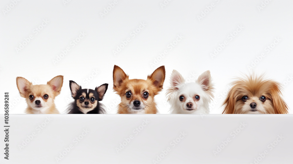 Funny happy dogs and cats peeking over blank white web banner or social media cover with paws hanging over Funny happy dogs and cats peeking over blank white web banner or social media cover with paws hanging over