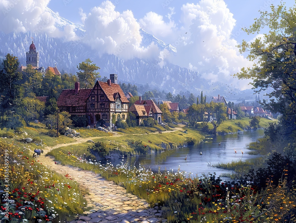 Obraz premium Picturesque Village by a River with Mountain Views