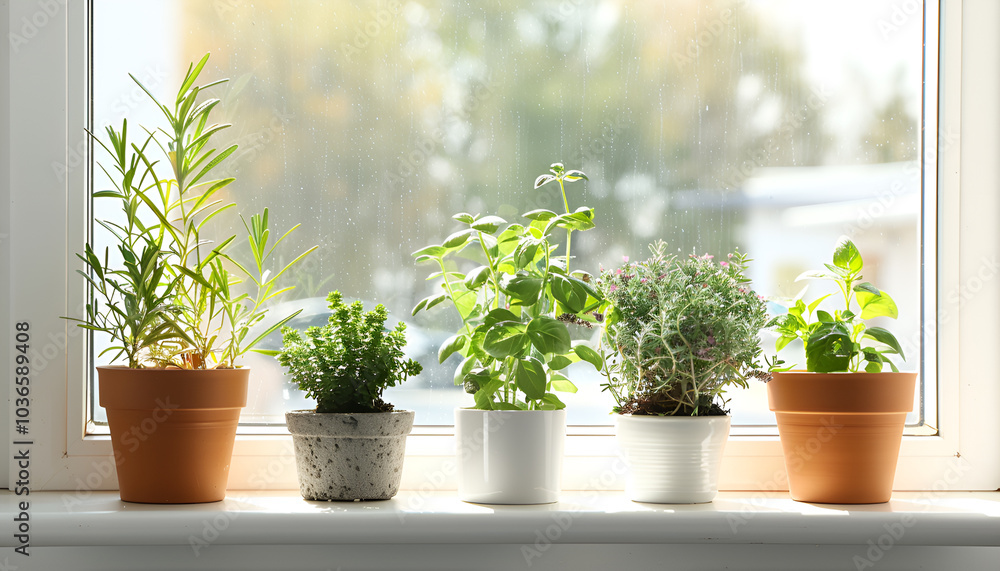 Different fresh potted herbs on windowsill indoors. Space for text
