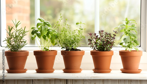 Different fresh potted herbs on windowsill indoors. Space for text