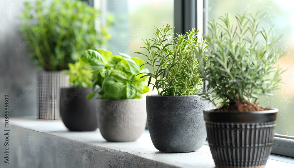 Different fresh potted herbs on windowsill indoors. Space for text Different fresh potted herbs on windowsill indoors. Space for text