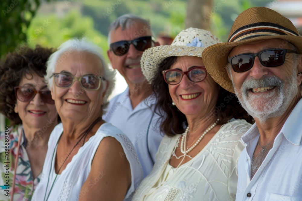 Group of happy elderly people smiling and looking at camera in the park Group of happy elderly people smiling and looking at camera in the park
