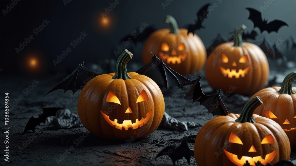 Lit jack-o'-lanterns with spooky bats on a dark background. Lit jack-o'-lanterns with spooky bats on a dark background.