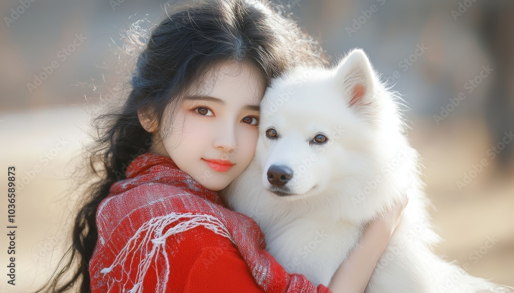 A sweet bonding moment between a woman and her dog, with her holding the dog affectionately. A sweet bonding moment between a woman and her dog, with her holding the dog affectionately.