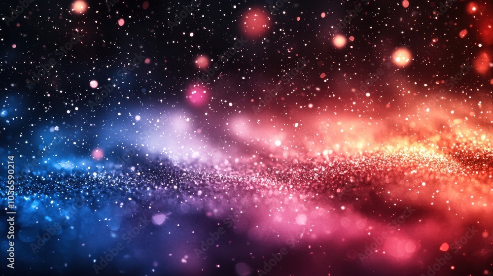 Naklejka premium Colorful particles of light create a beautiful cosmic backdrop in deep space at night, showcasing vibrant hues of blue, pink, and purple